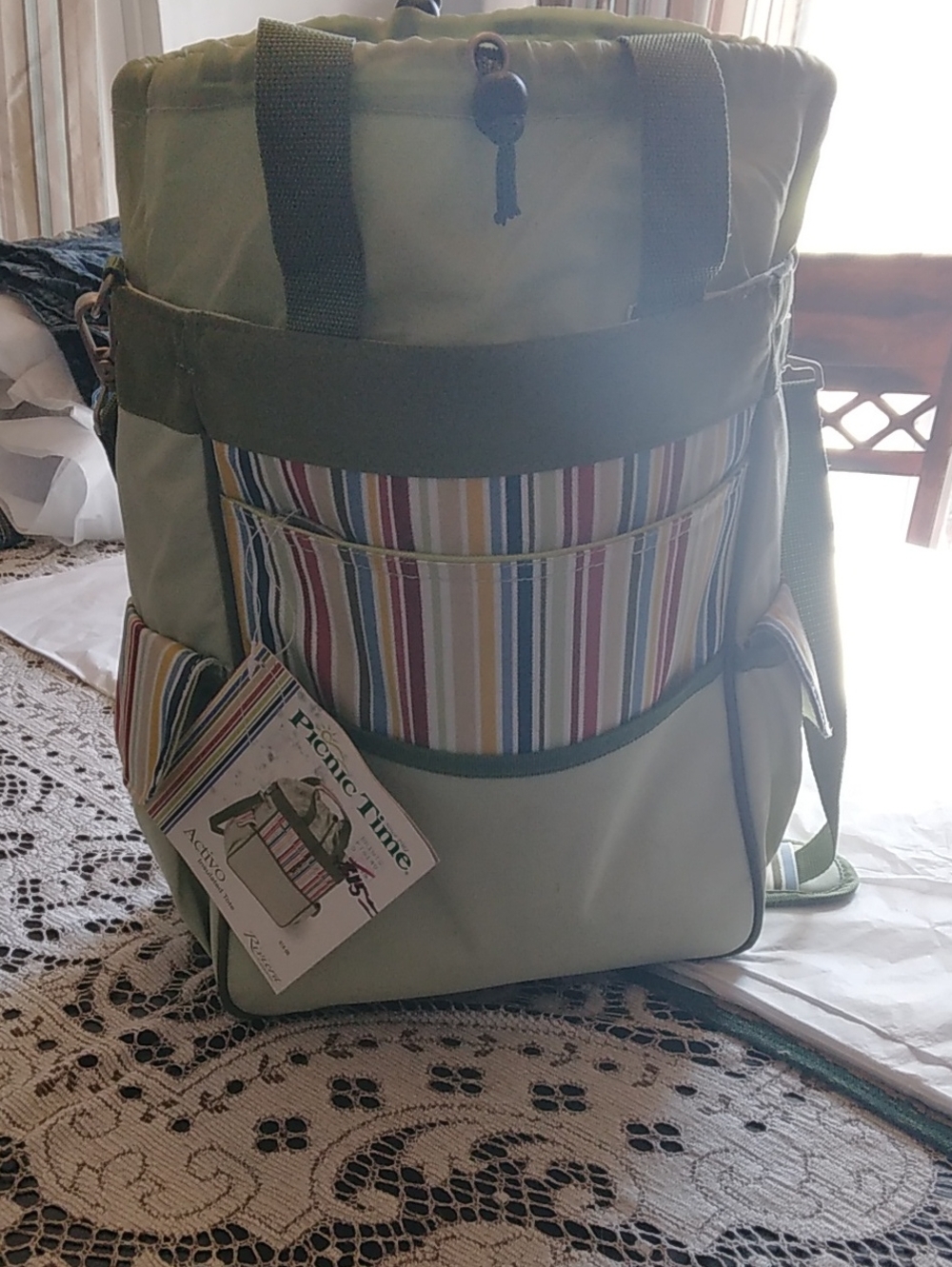 Striped Pocket Olive Green Cooler Tote